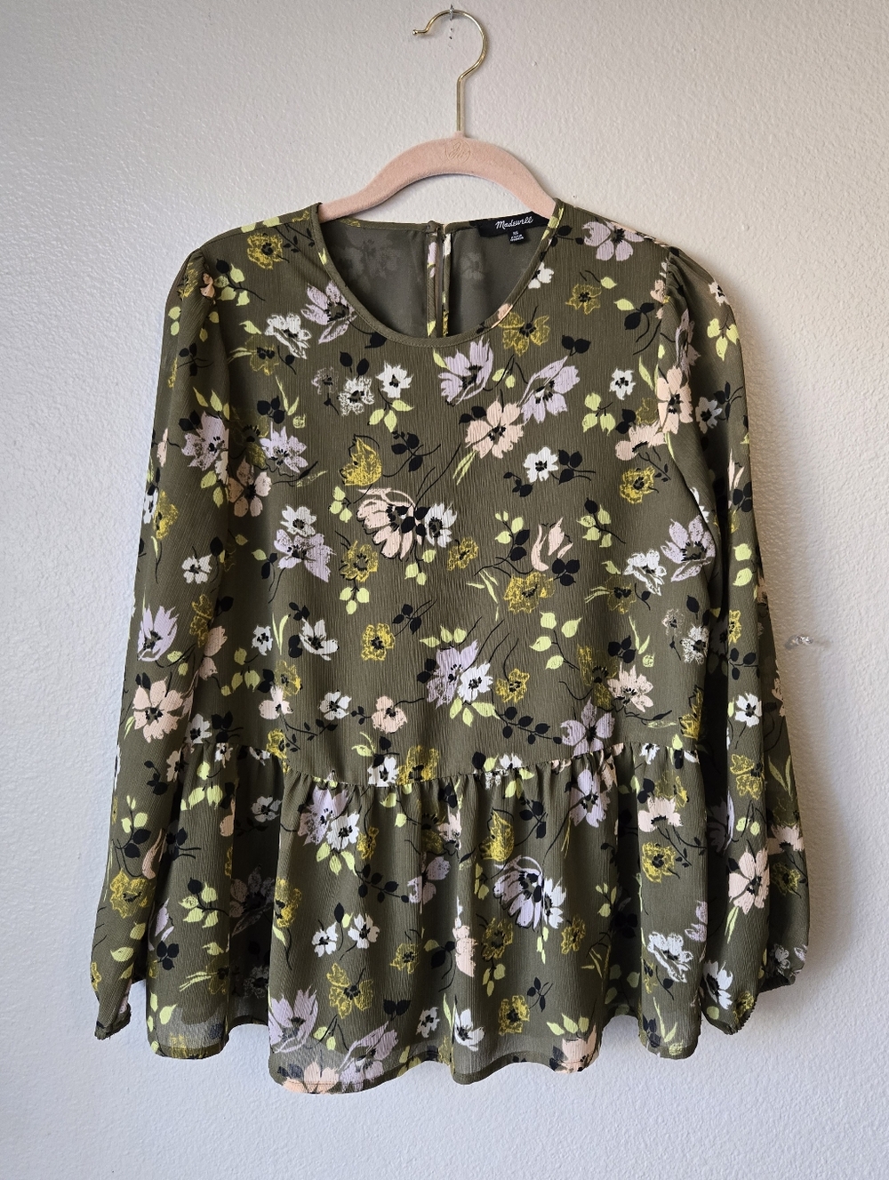 Madewell Georgette Olive Floral Long Sleeve Peplum Blouse In Wildblooms, XS